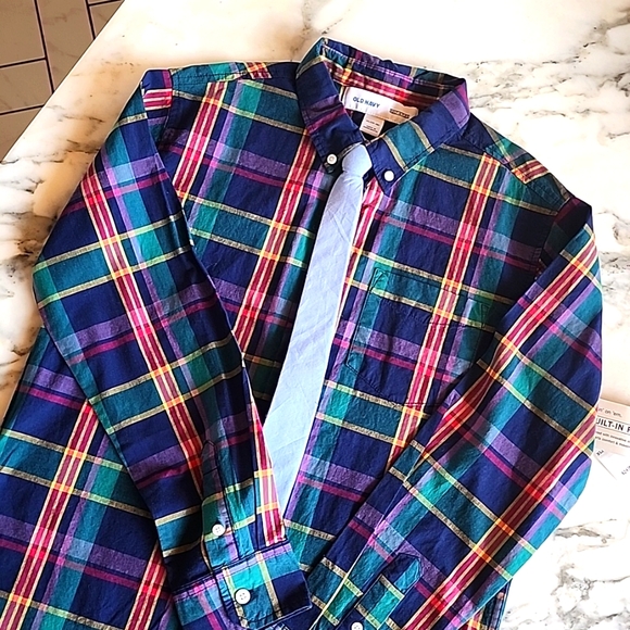 Old Navy Plaid Button Down Shirt with Light Blue Tie, Boys XL 14-16 - Picture 1 of 11